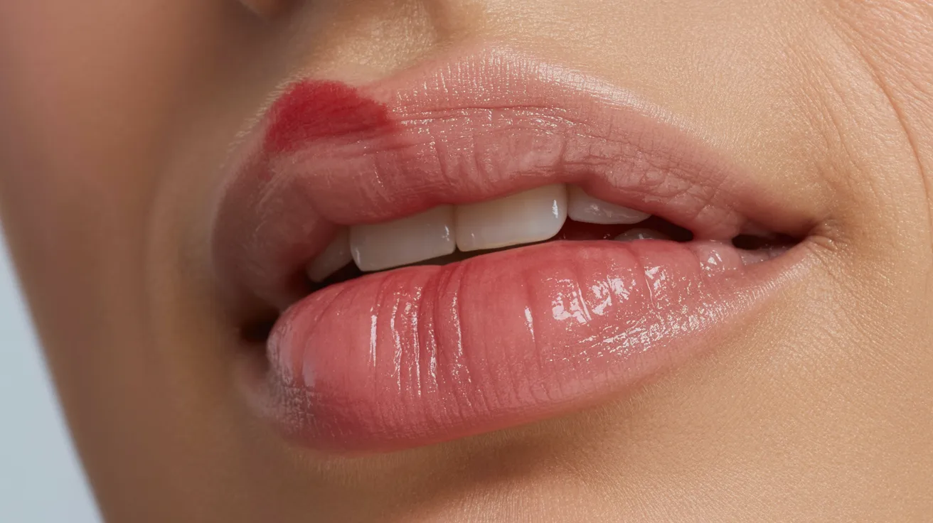 A woman's lips displaying a vivid red mark, highlighting their shape and color.