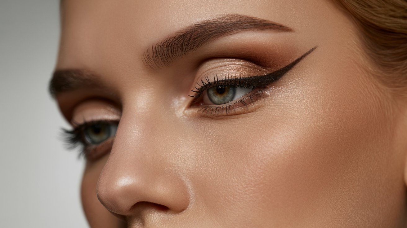 A woman with long eyelashes and bold black eye makeup, showcasing a dramatic and striking look.