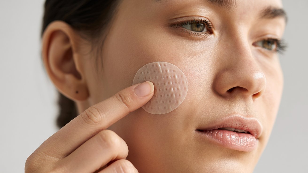 A woman with a facial patch, looking confidently at the camera, showcasing her unique style and resilience.