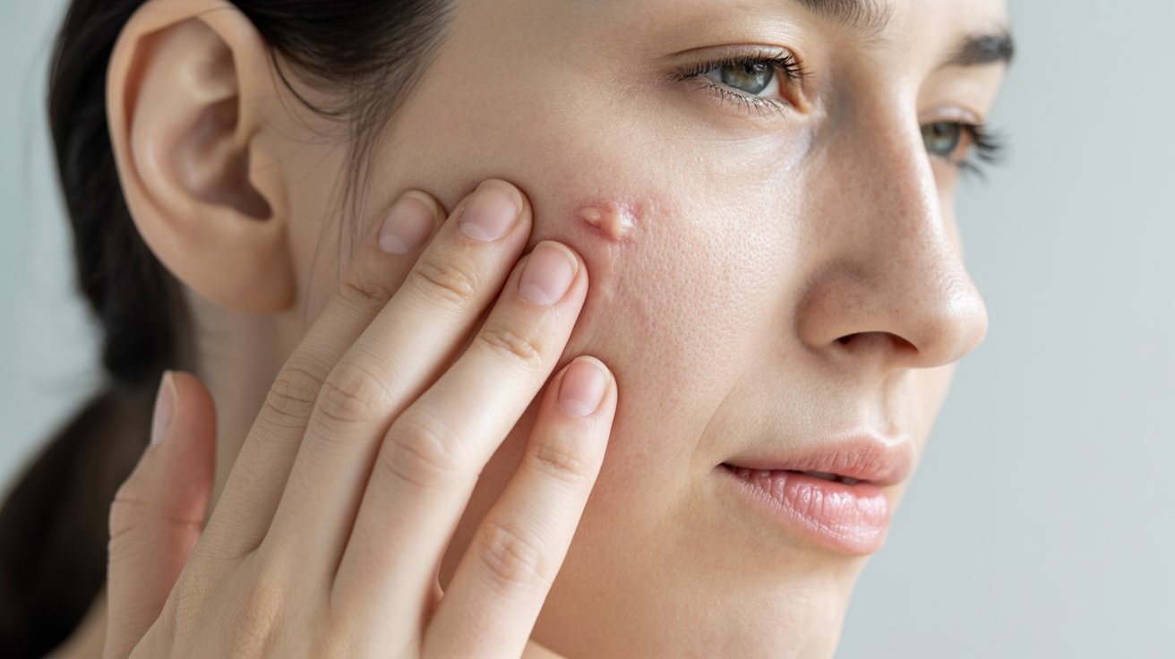 A woman with visible acne on her face, showcasing a range of skin textures and tones.