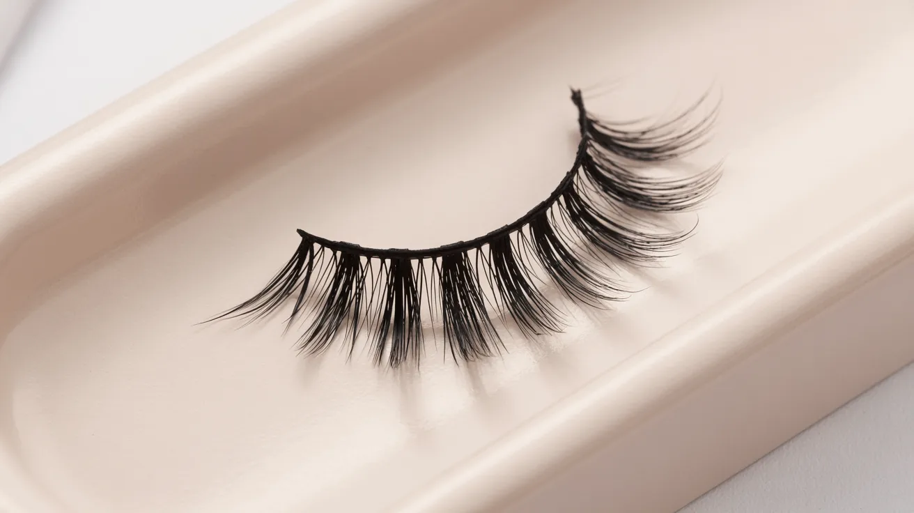 A pair of false eyelashes displayed neatly on a tray, showcasing their length and style.