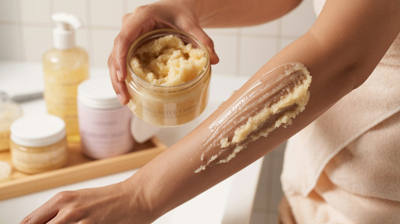 A woman gently rubs a body scrub onto her arm, enhancing her skincare routine with exfoliation.