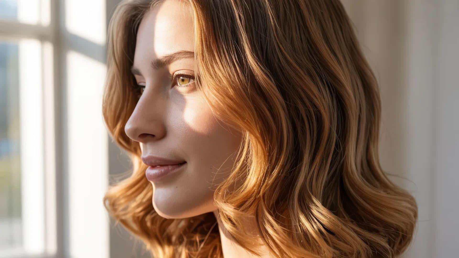 A woman with long wavy hair gazes thoughtfully out of a window, her expression reflecting contemplation.