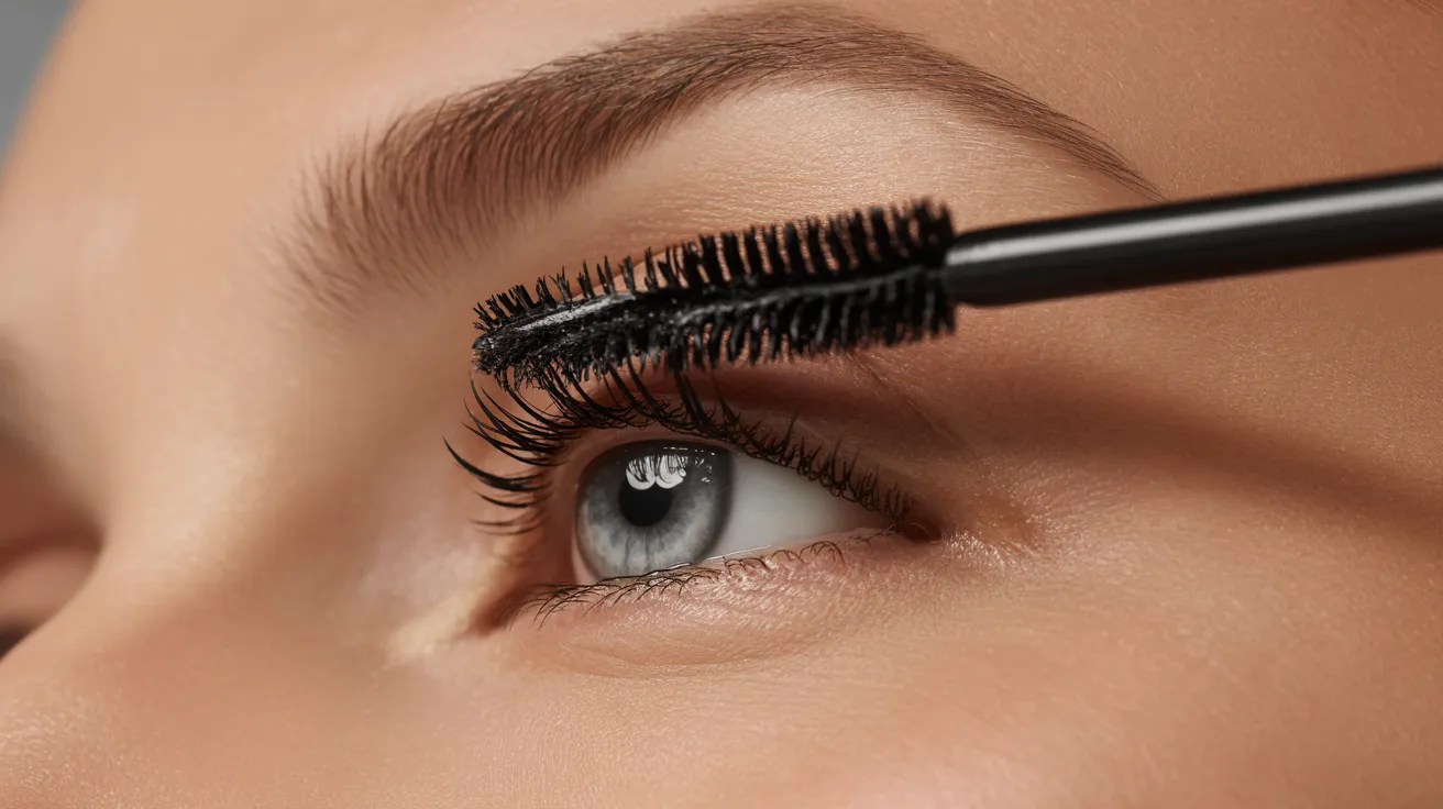 Close-up of an eye with mascara being applied to long, dark lashes using a mascara wand. The image conveys a sense of beauty and precision.