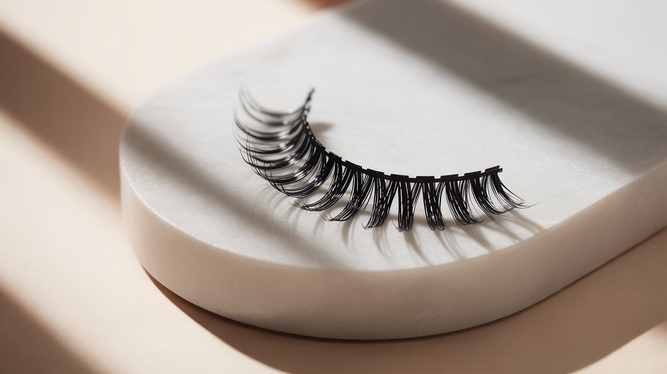 Two false eyelashes resting on a white background, highlighting their intricate fibers and shape.
