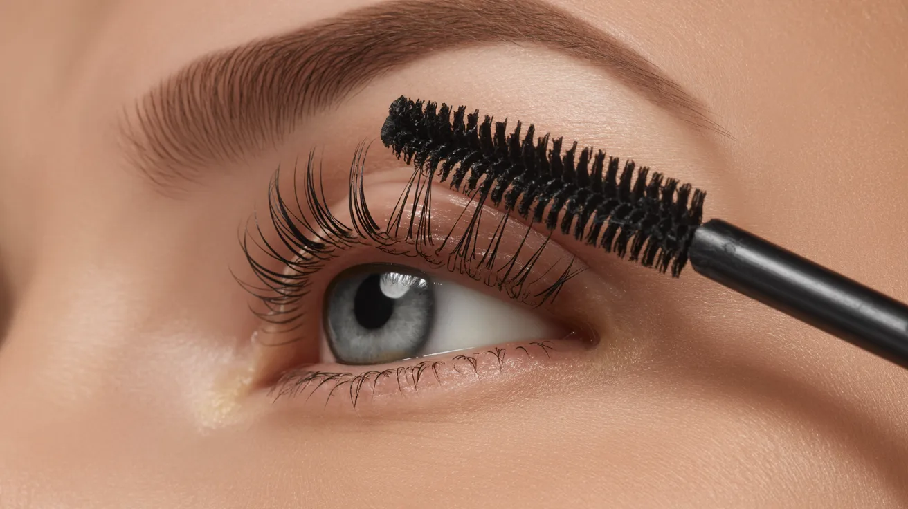 Close-up of a person applying mascara to their upper eyelashes. The eye is open, showcasing defined lashes and well-groomed eyebrow, conveying a beauty-focused theme.