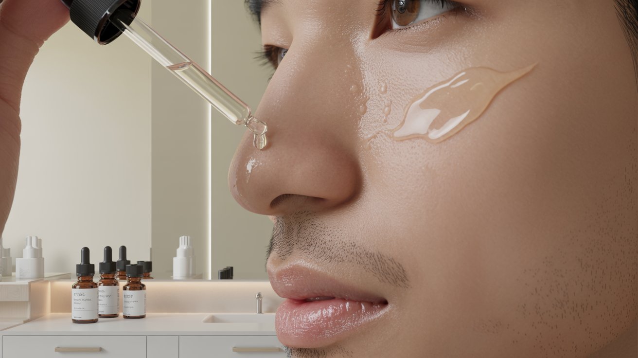 A man applies a serum to his face, focusing on skincare in a well-lit bathroom setting.