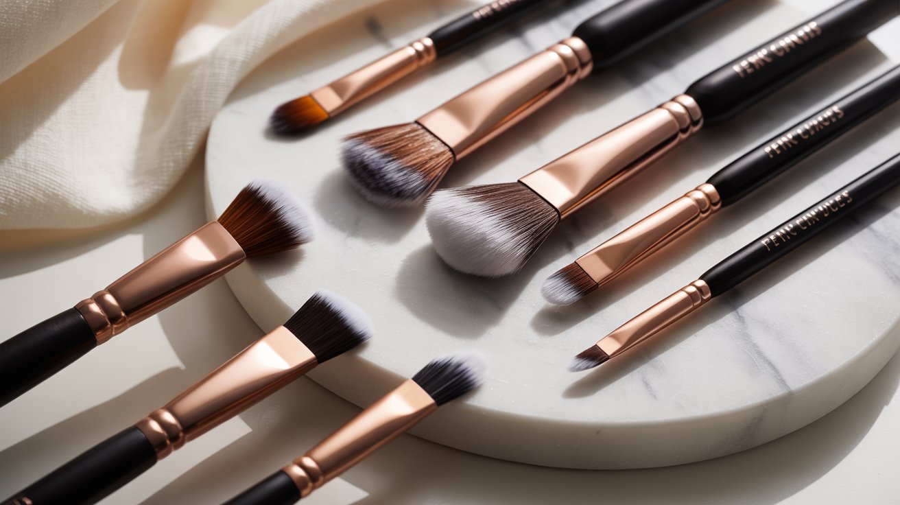 A set of makeup brushes arranged neatly on a polished marble surface.
