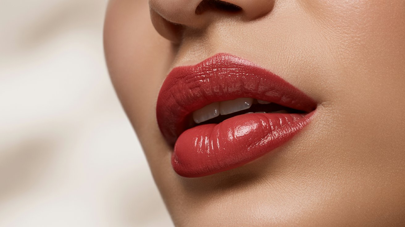 Close-up of a woman's lips adorned with vibrant red lipstick, highlighting their shape and color.