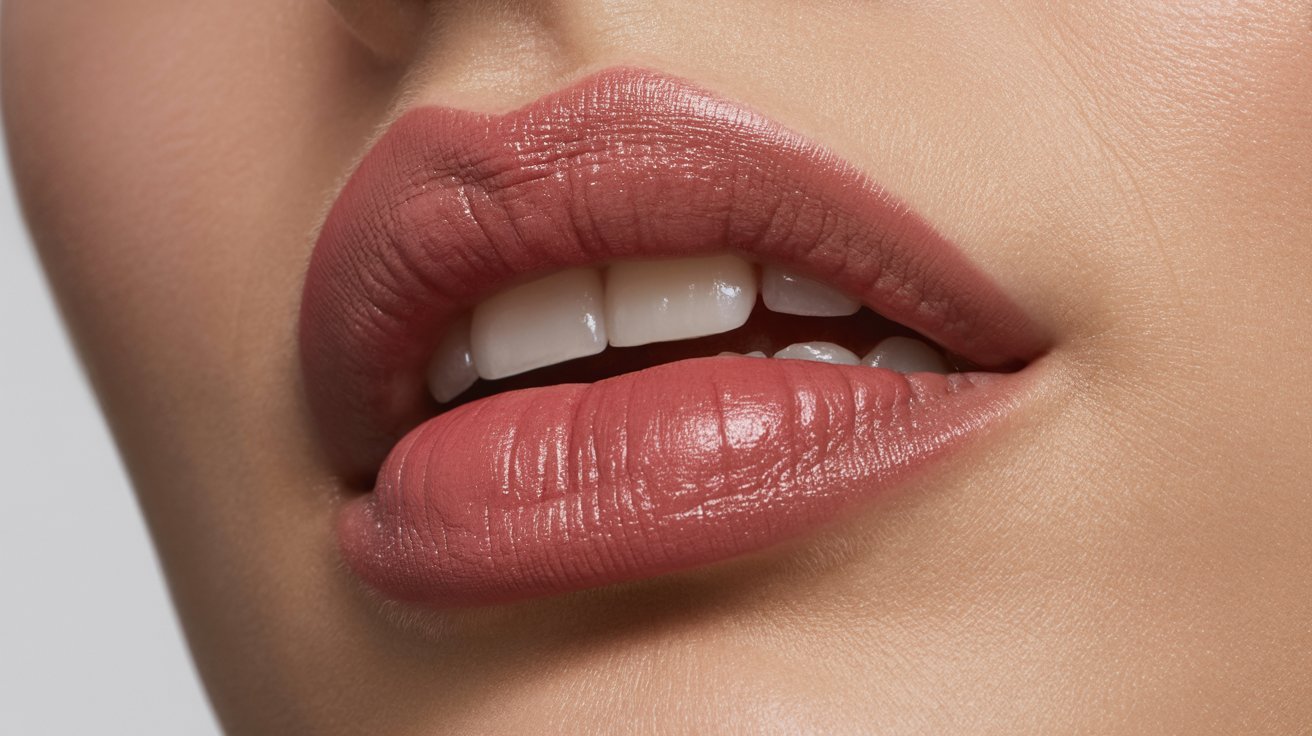 Close-up of a woman's lips adorned with a vibrant pink lip color, highlighting their smooth texture and shape.