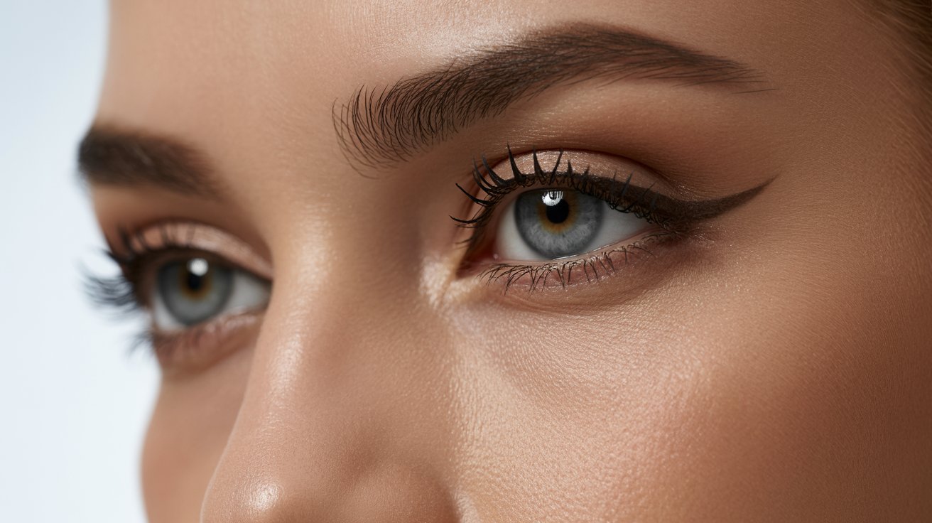 Close-up of a woman's eyes, showcasing their color and expression, with a soft focus on the eyelashes and skin around them.
