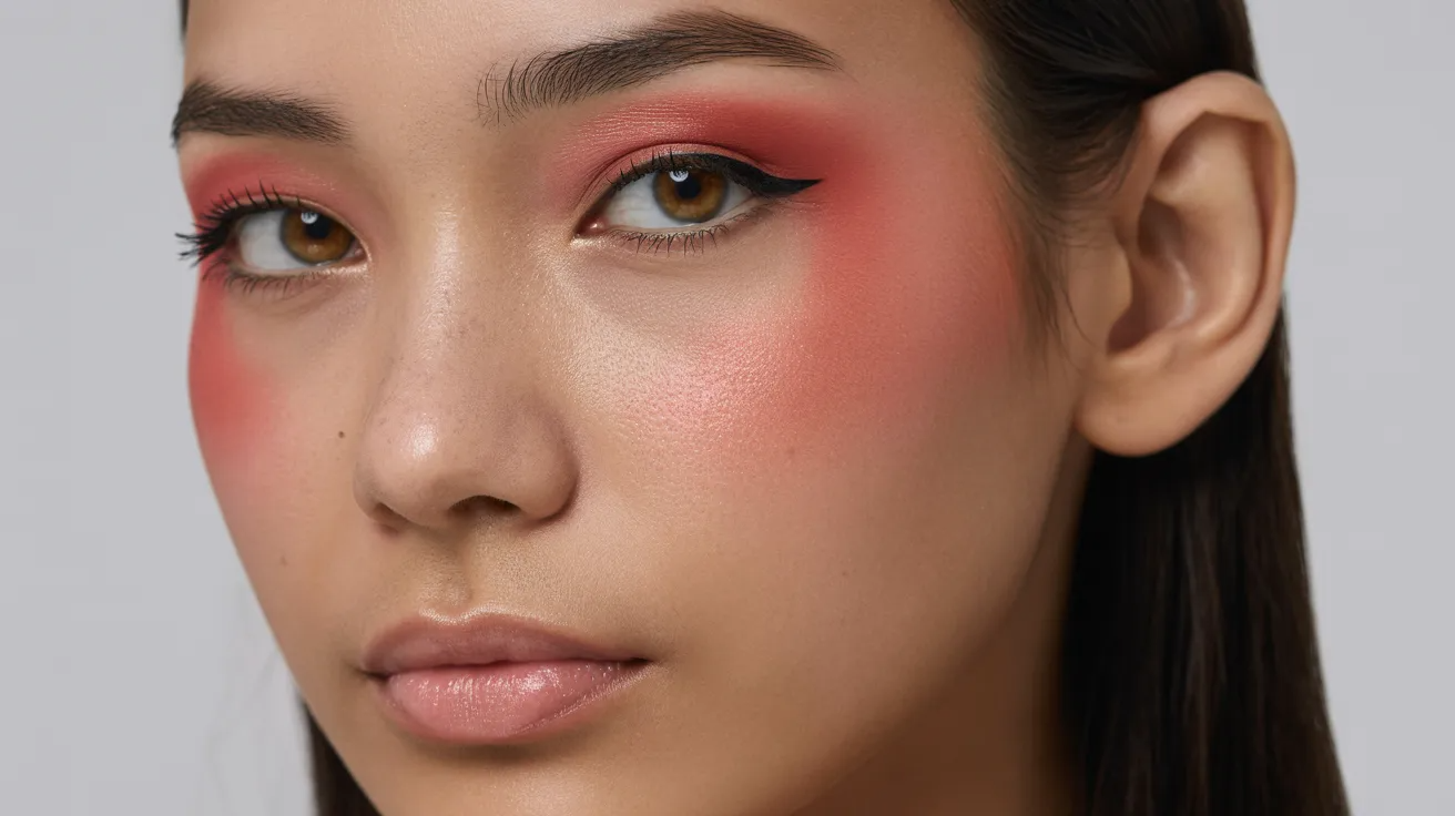Close-up of a woman with pink blush extending from her cheeks to her eyelids, accented by sharp, black winged eyeliner. The expression is calm and confident.
