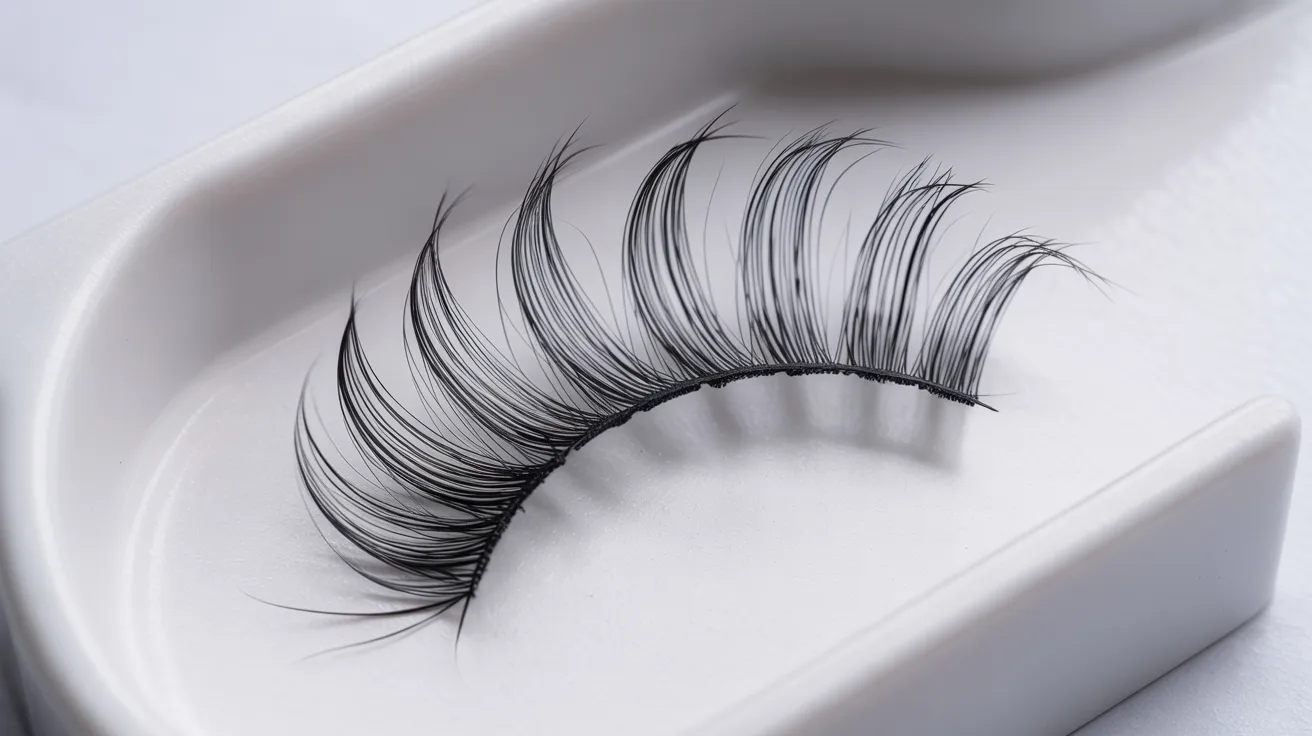 A single, curved false eyelash with long, voluminous black strands sits elegantly on a white, curved tray, conveying beauty and sophistication.