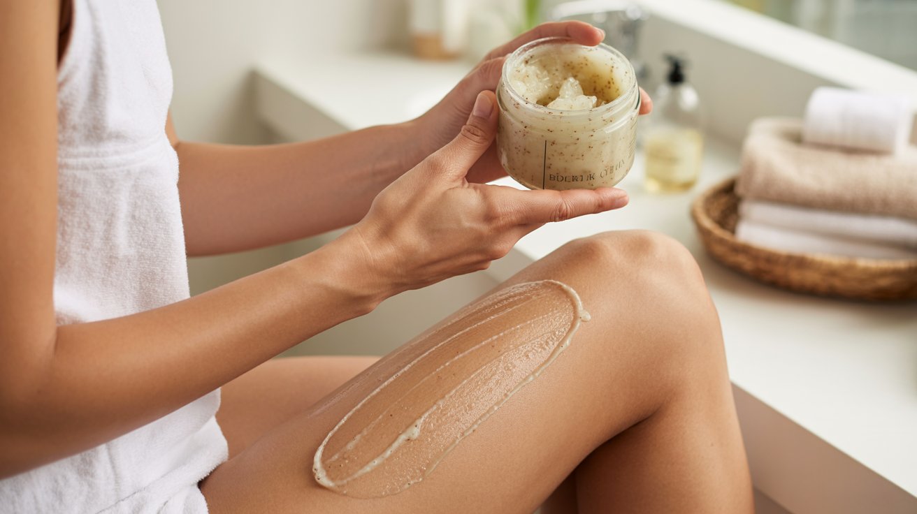 A woman gently applies cream to her legs, promoting skin nourishment and care.