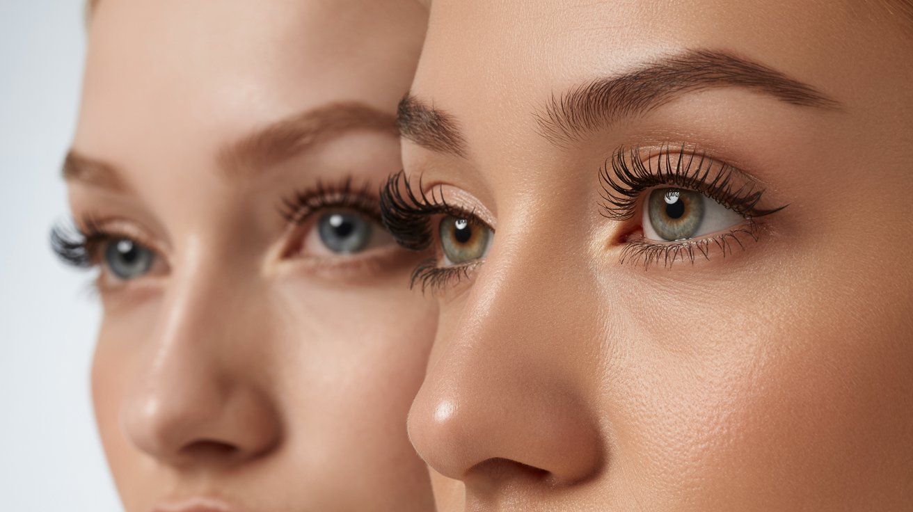 Two women with long eyelashes and striking blue eyes, smiling and looking at the camera.