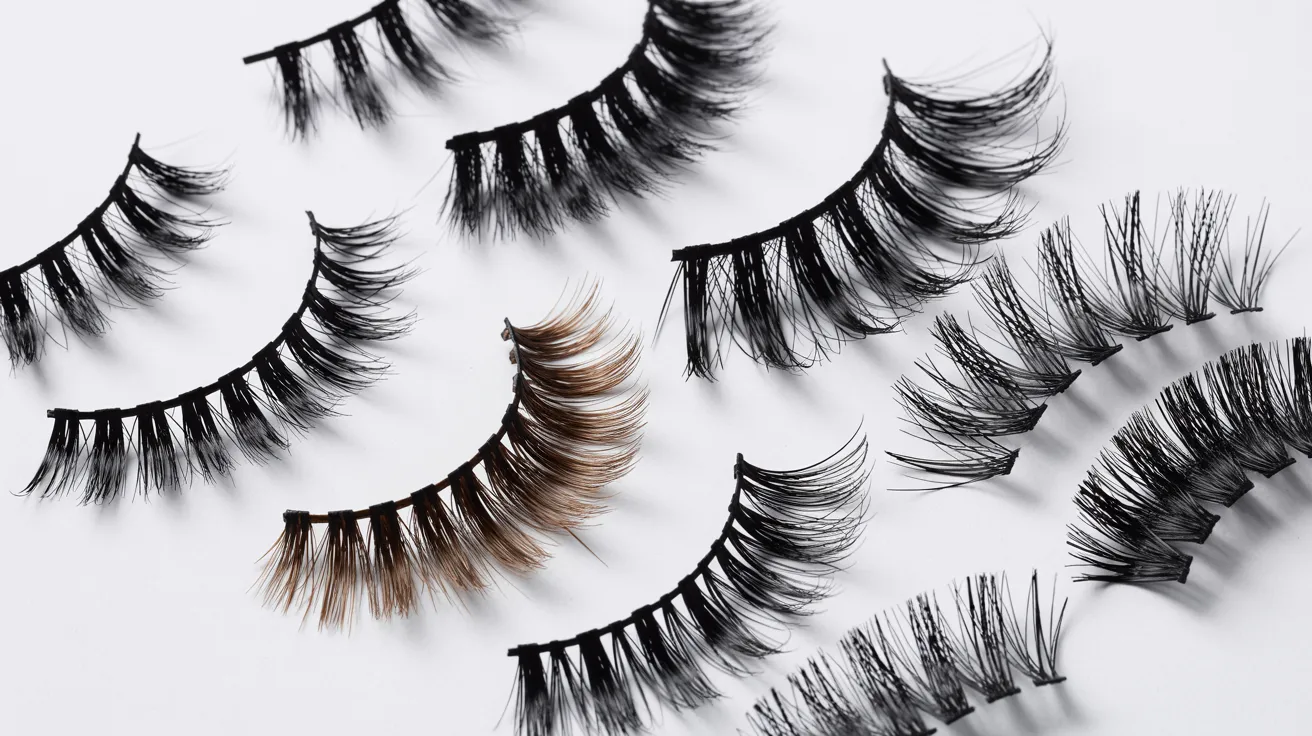 Various styles of false eyelashes arranged on a white background, showcasing different lengths and thicknesses, creating a dramatic and elegant display.