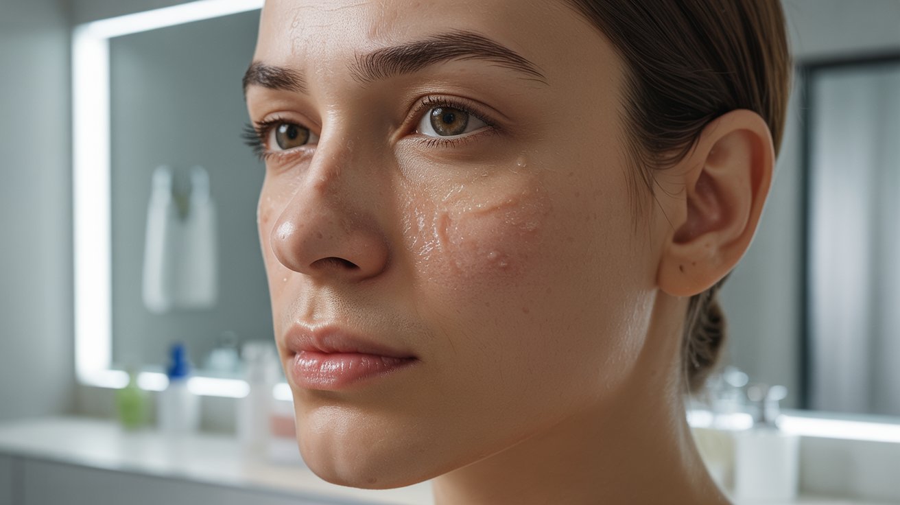 A woman with visible acne on her face, showcasing her natural skin texture and features.
