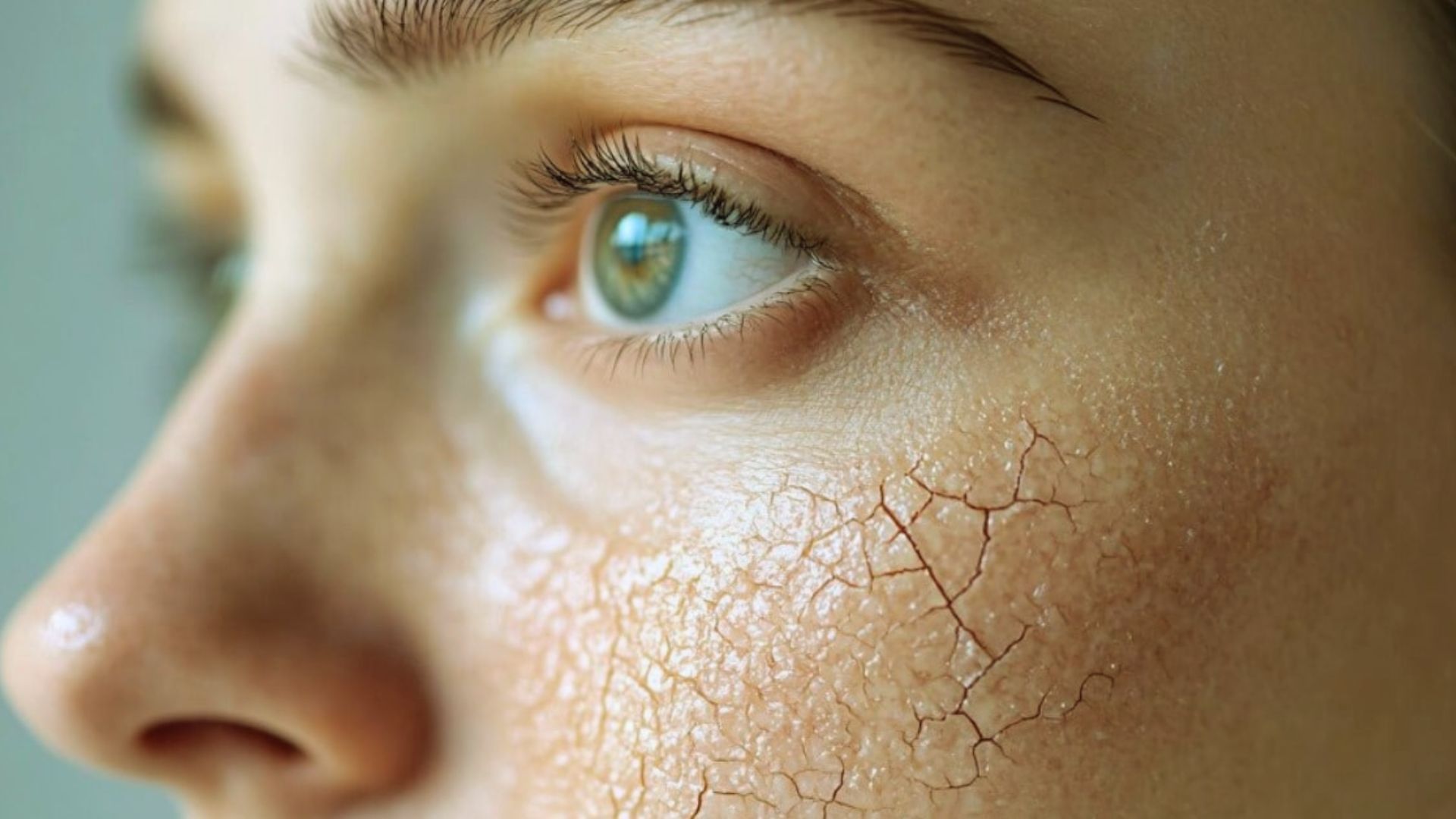 A woman with visibly cracked skin on her face, highlighting dryness and texture issues.