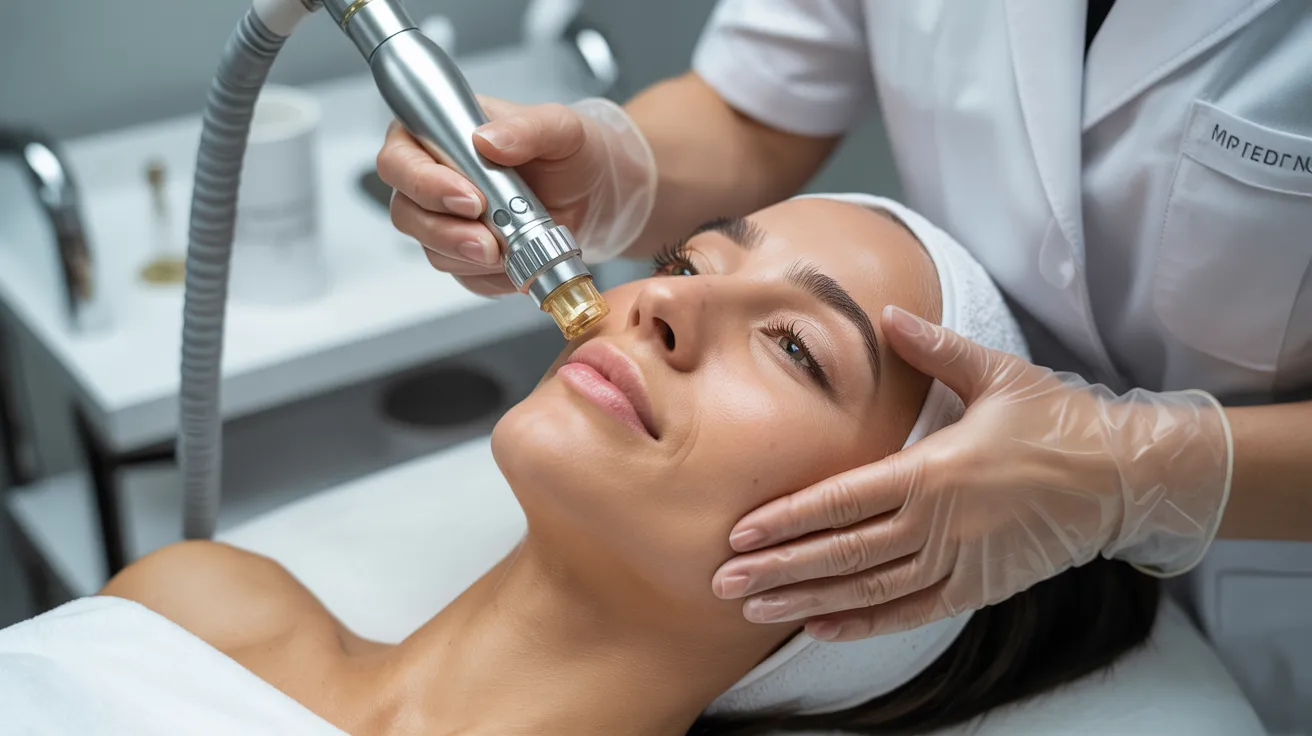 A woman receiving a facial treatment using an electric device, relaxing in a spa setting.