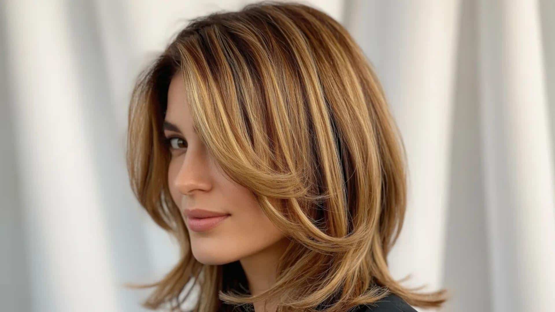 A woman with a medium-length bob hairstyle featuring a side part.