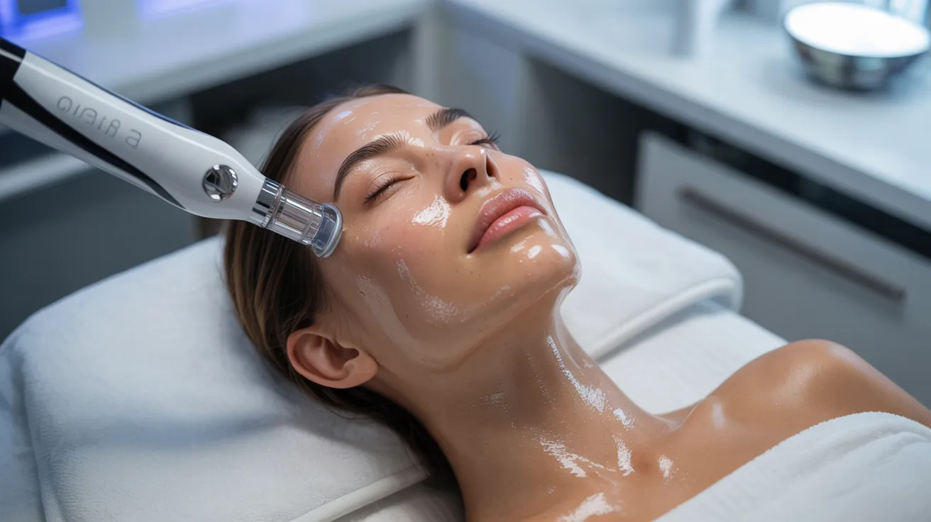 . A woman receiving a facial treatment using a specialized machine in a serene spa environment.