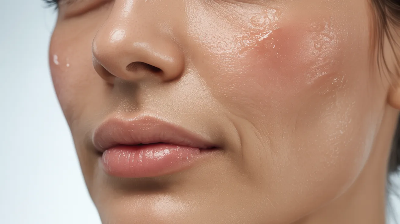 A close-up of a woman’s face featuring a noticeable pimple, highlighting her skin condition.