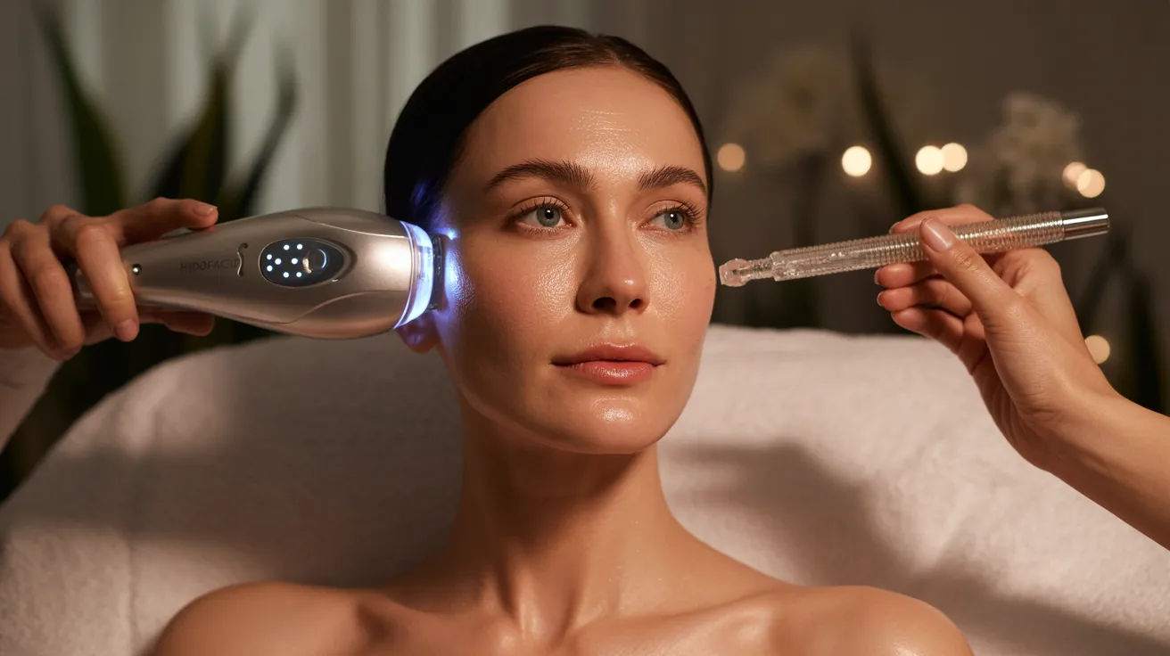 A woman receiving a facial treatment using a handheld device in a serene spa environment.