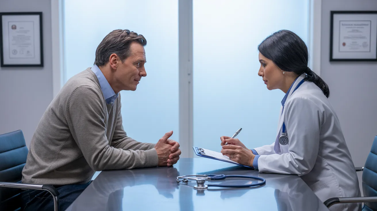 A doctor and patient engaged in a conversation at a table, discussing health concerns in a professional setting.
