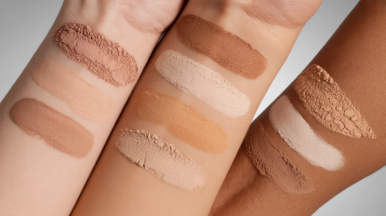 Three forearms display various shades of foundation swatches, showcasing a diverse range of skin tones from light to dark. The image conveys inclusivity and diversity.