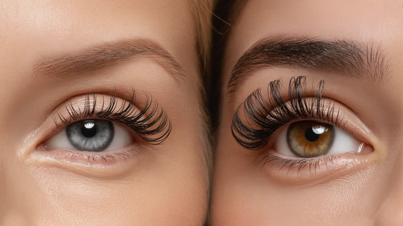 Close-up of two eyes with extended eyelashes. One eye is blue, the other brown. Both have arched brows, emphasizing contrast and symmetry.