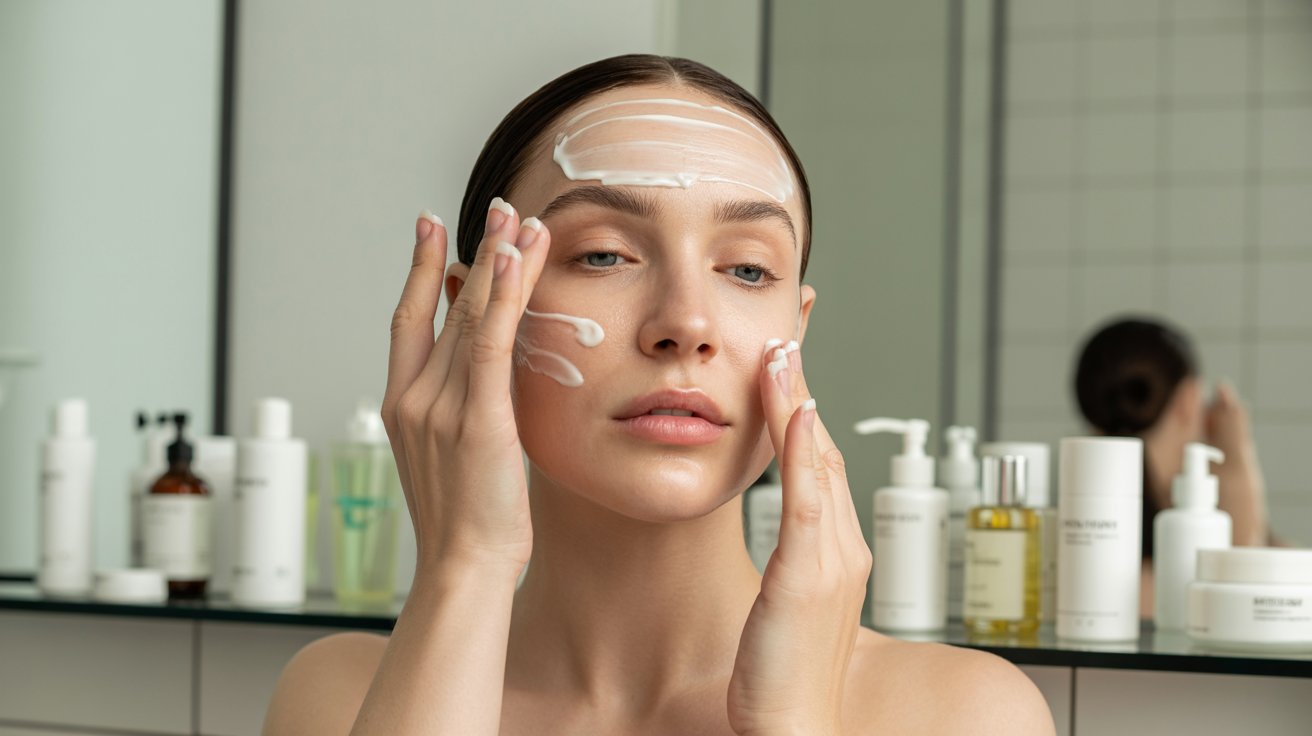 A woman is seen applying a facial mask in front of a mirror, focusing on her skincare routine.
s