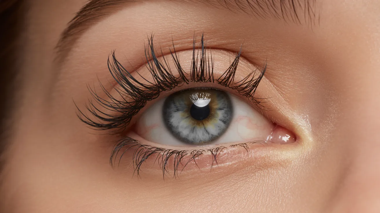 A detailed view of a woman's eye featuring long eyelashes, highlighting the beauty and depth of her gaze.