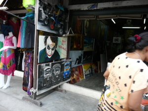 Market shopping in Chaweng. From $6 authentic looking surfie t-shirts to pop art.