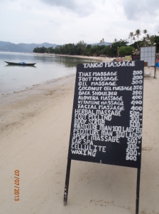 Typical pricelist at a beachfront massage (when we went NZ$1 = 24 Thai Baht