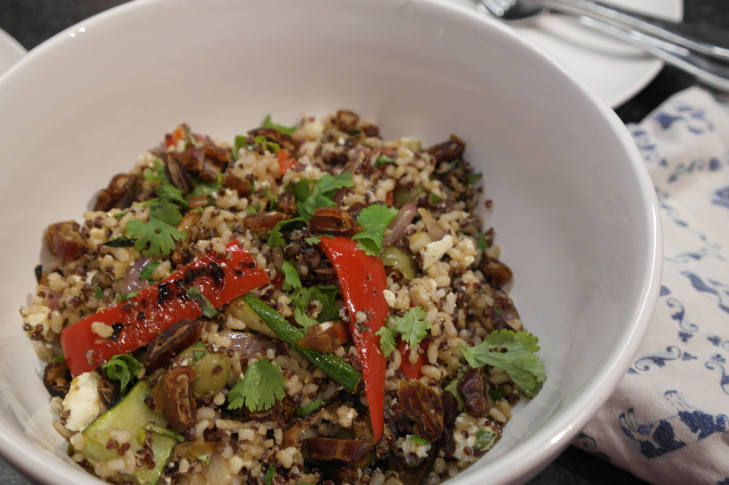 Cook rice. Pan fry some of your favourite veges with a little garlic and olive oil. Add to the rice/quinoa. Add chopped feta, olives, lashings of dukkah, a good squeeze of lemon juice, some fresh chopped herbs,  fresh herbs. Done.