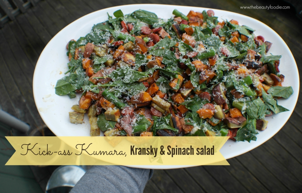 Kick Ass Kumara, Kransky and Spinach Salad