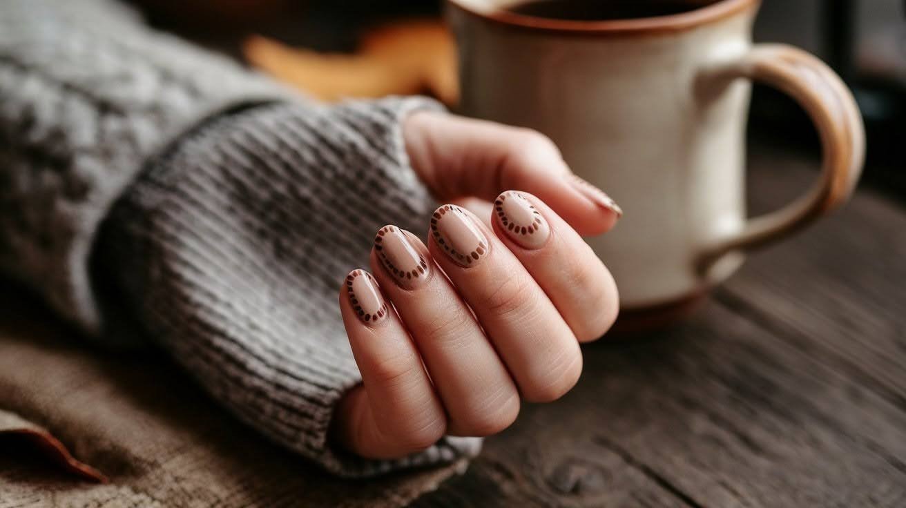 Brown Dot Nails on Nude Base
