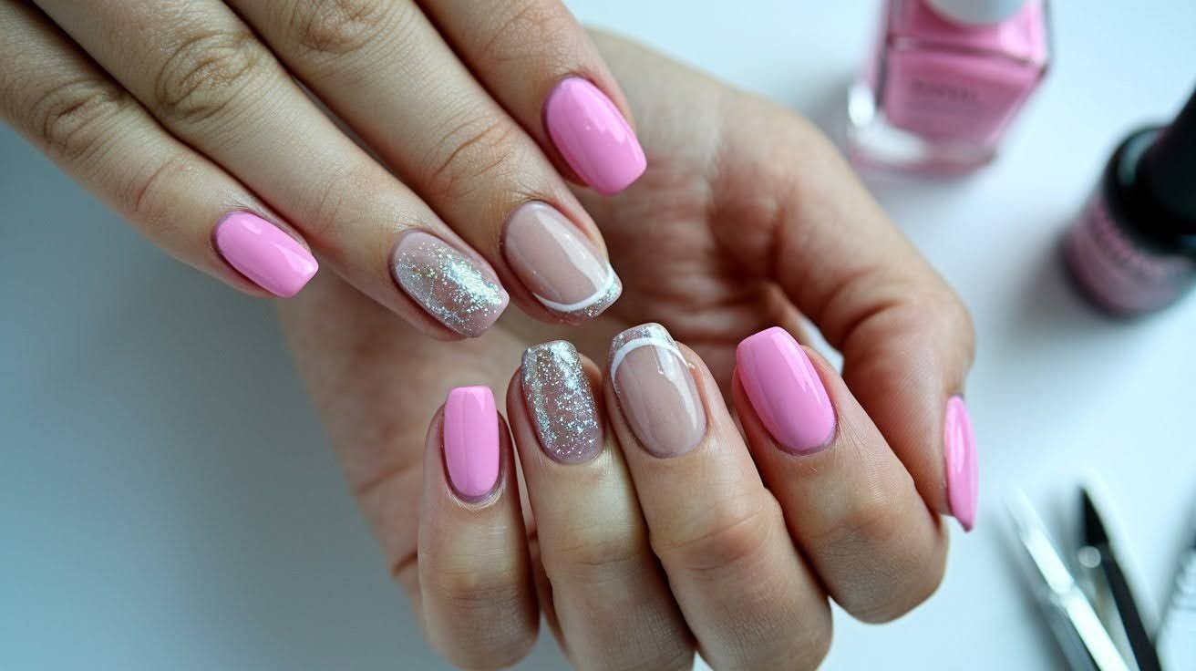 Classic Hot Pink Nails with Glitter Touches