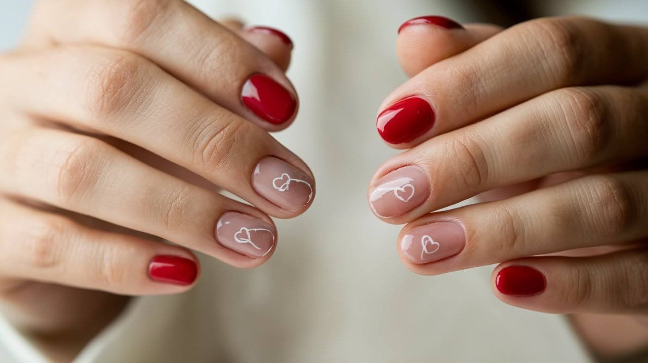  Minimal Red Nails with Negative-Space Dot