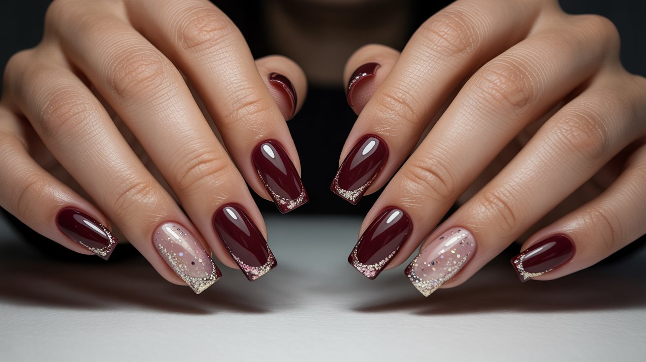 Dark Red with Glitter Tips