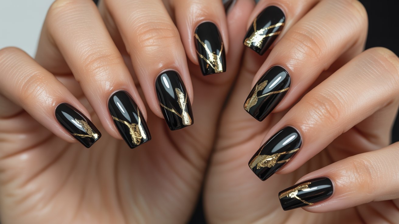 Black Coffin Nails with Gold Accents