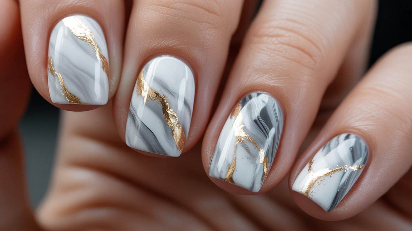 Marble Effect Nails with Gold Veins