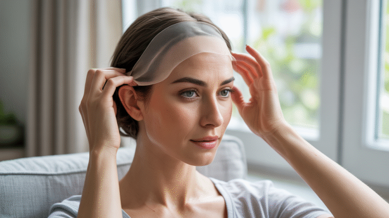 Ultra-realistic lifestyle photograph of a woman with a sensitive scalp gently adjusting a soft, breathable wig at home, natural daylight coming through a window, calm and comforting atmosphere. The wig looks lightweight, natural hair texture, realistic scalp line, no shine or artificial perfection. Focus on comfort and confidence — cozy neutral interior, soft fabrics, minimal makeup, relaxed expression. Shot on a professional DSLR, shallow depth of field, true-to-life skin texture, natural colors, editorial beauty photography style. No 3D, no illustration, no digital art, no AI look, no filters, no plastic skin, no over-smoothing.