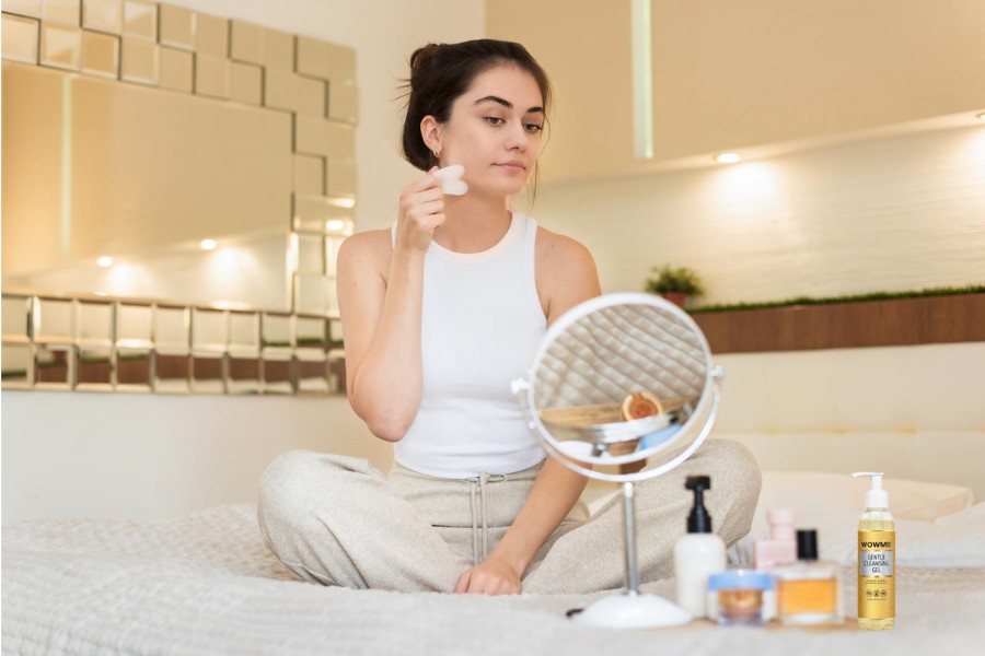 A woman sitting on a bed, applying cosmetics while looking into a mirror placed beside her.