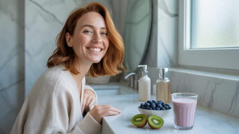 A smiling woman sits at a counter surrounded by fresh fruit and a colorful smoothie.