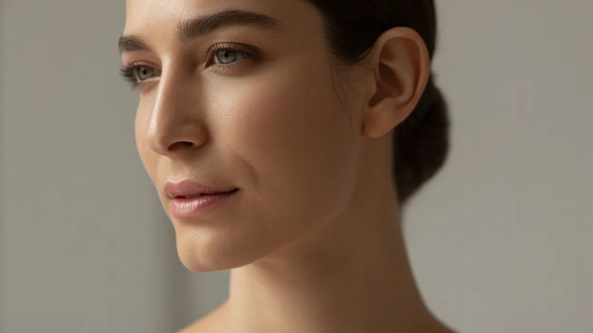 A woman with an elegant face gazes thoughtfully to the side, showcasing her beauty and serene expression.
