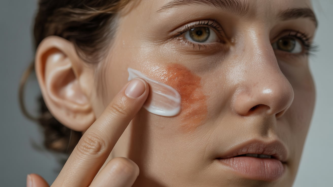 A woman with red skin on her face, displaying a unique and striking appearance