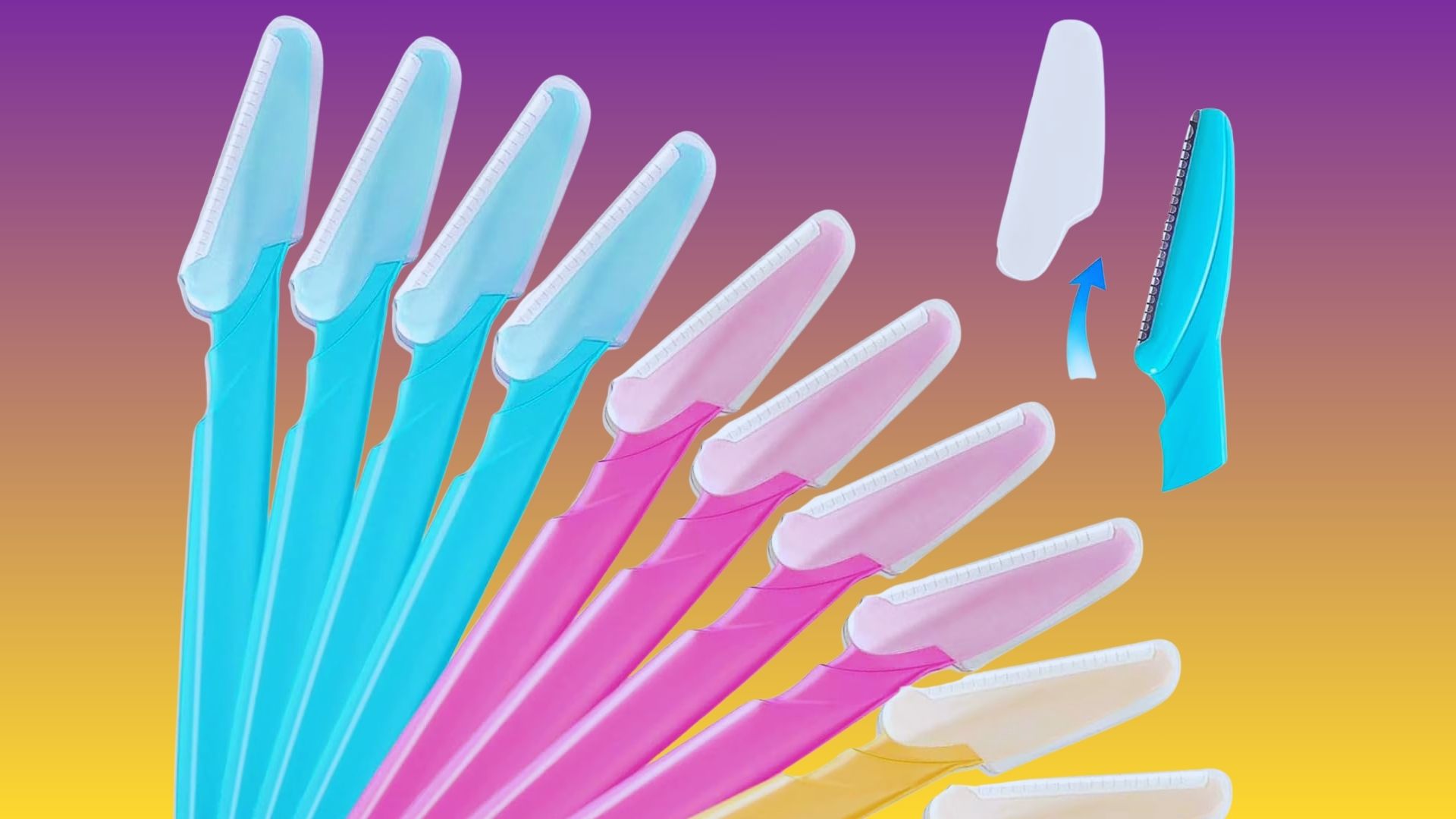 A set of six colorful plastic dermaplane razors arranged together, showcasing a variety of vibrant hues.