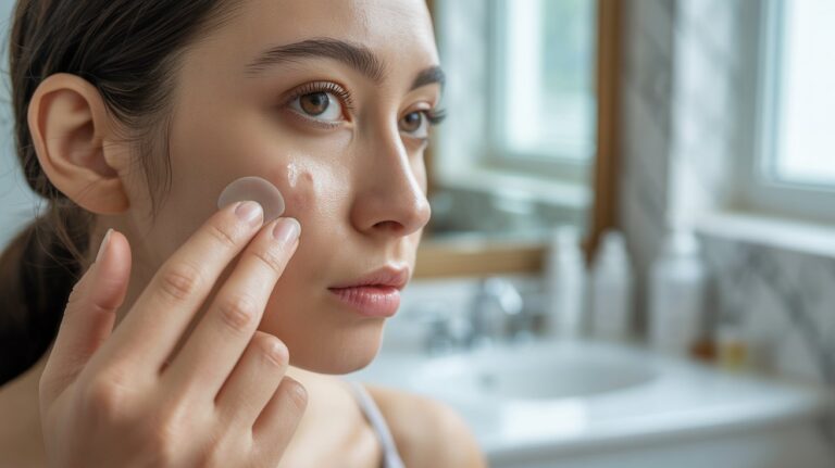 A woman carefully applying a cream to her face, specifically a pimple patch on a pimple.
