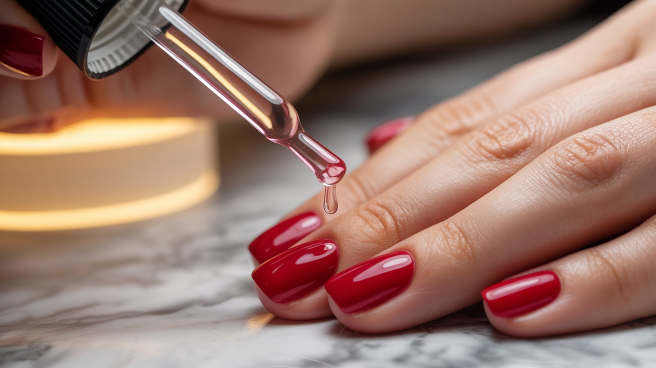 A close-up of a woman's hands with red nails being painted, showcasing the nail polish application process.